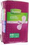 Depend pads verpakking voor gevoelige blaas, met paarse patronen en groene band.