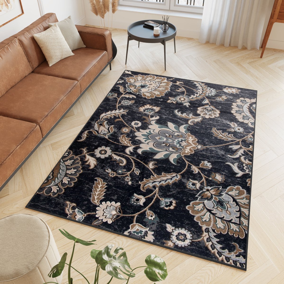 Tapiso Dubai Vloerkleed Tapijt Oosters Oriental Gebloemd Maat- 200x300 Antraciet Creme