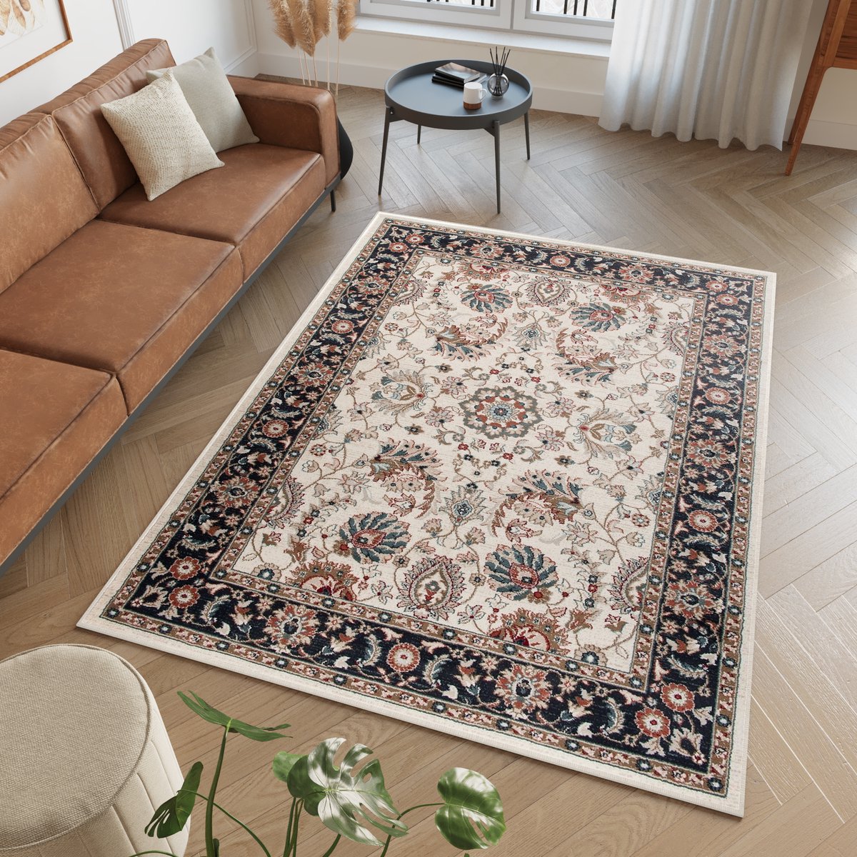 Tapiso Dubai Vloerkleed Tapijt Carpet Bloemen Oriental Oosters Maat- 80x150 Beige Antraciet1