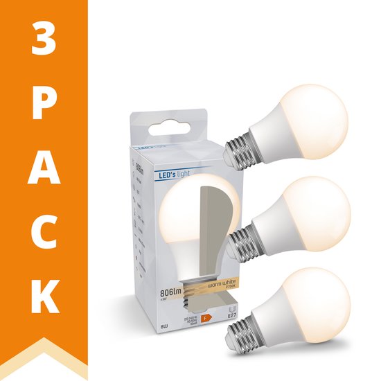 ProLong LED Lamp E27 - 8W - Warm wit - A60 Mat Peertje - 3 lampen