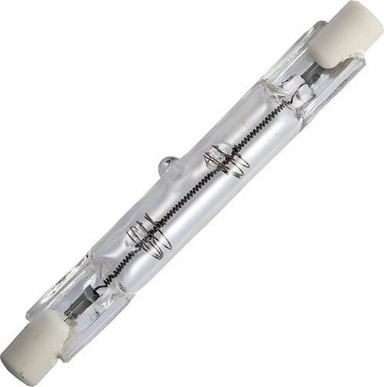 Halogeenlamp met helder glas, zichtbaar gloeidraad en witte fittingen aan beide uiteinden.