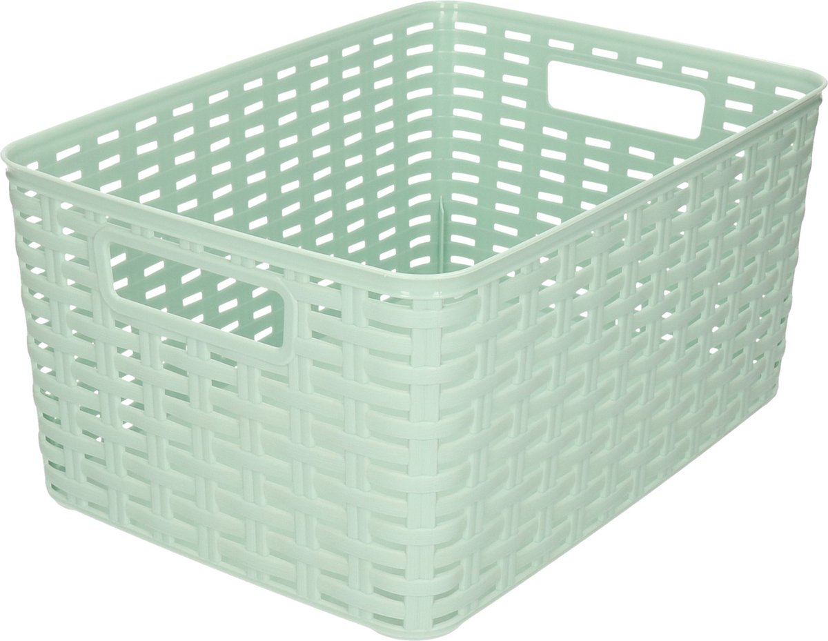 Rotan gevlochten opbergmand/opbergbox kunststof - Mintgroen - 22 x 33 x 16 cm - Kast mandjes