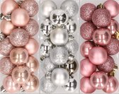 42x Stuks kunststof kerstballen mix zilver/oud roze/lichtroze 3 cm - Kleine kerstballetjes - Kerstboomversiering