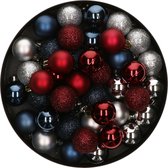 42x Stuks kunststof kerstballen mix donkerrood/zilver/donkerblauw 3 cm - Kleine kerstballetjes - Kerstboomversiering