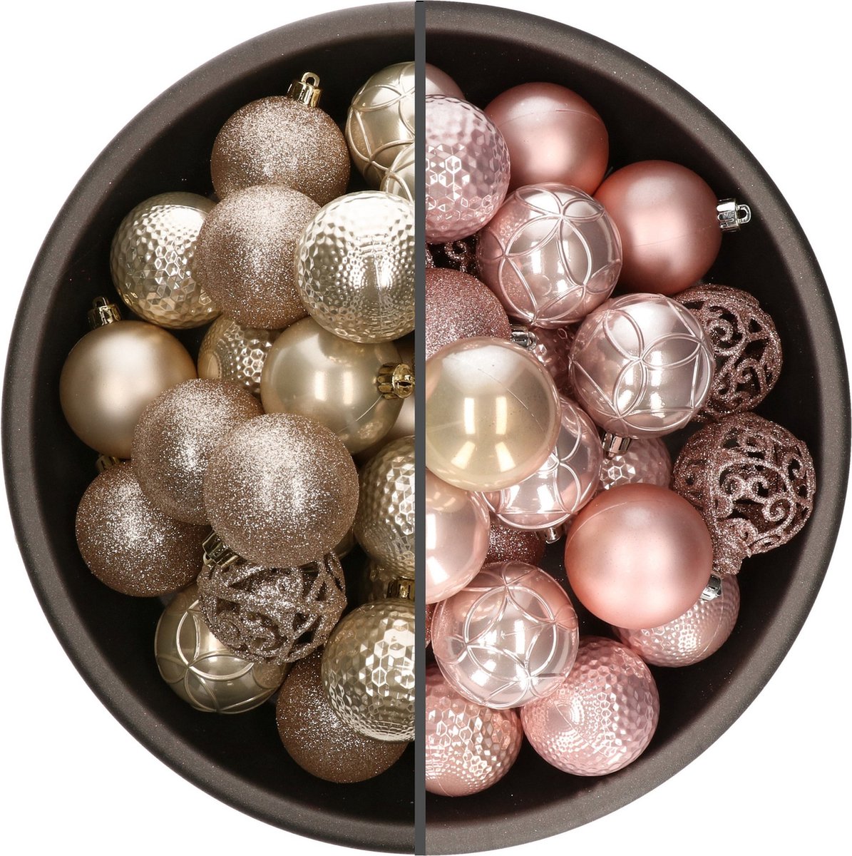 Bellatio Decorations Kerstballen mix - 74-delig - parel champagne en lichtroze - 6 cm - kunststof