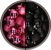 Bellatio Decorations Kerstballen mix - 74-delig - fuchsia en zwart - 6 cm - kunststof