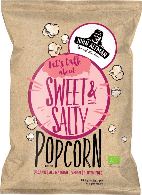 John Altman Popcorn - Biologisch - Sweet & Salty - Vegan - 100% natuurlijk - 8x 32 gram