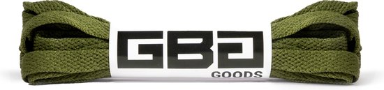 Olijfgroene platte veters met een "GBG GOODS" label.