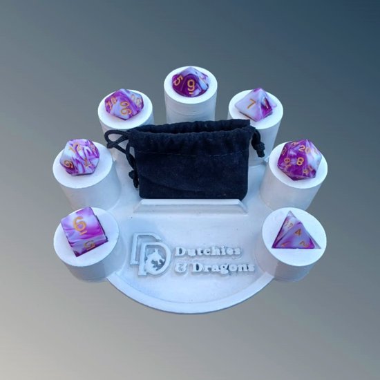 Thumbnail van een extra afbeelding van het spel D&D dice set - DnD dobbelstenen set Paars wit - Dungeons and Dragons dobbelstenen Inclusief velvet bewaarzakje - Polydice