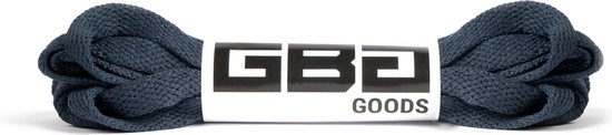 Donkerblauwe platte veter, opgerold met een label met 'GBG GOODS'.