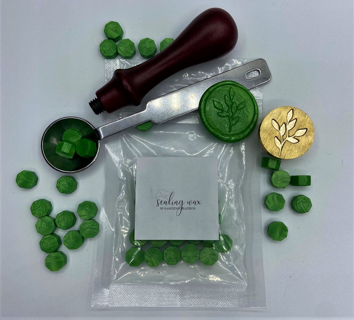 SET: Smeltlepel & Stempel voor het maken van Waxzegels & lakzegels - Takje - Incl. 20 waxzegels groen