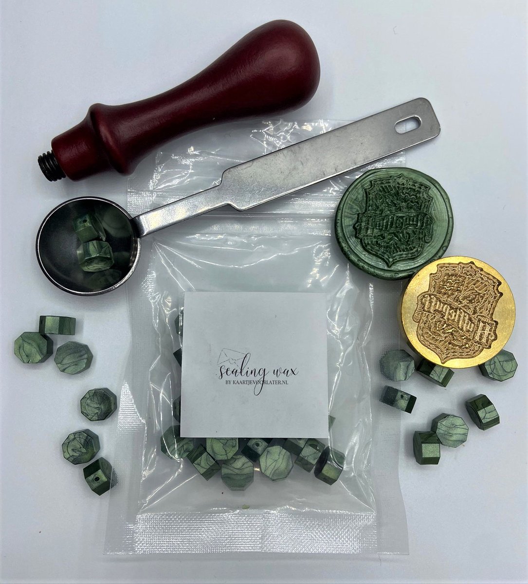 SET: Smeltlepel & Stempel voor het maken van Waxzegels & lakzegels - Harry Potter Huffelpuff - Incl. 20 waxzegels groen