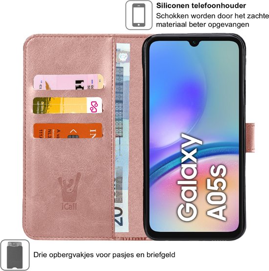 Étui adapté pour Samsung Galaxy A05s - Glas Protecteur d'écran - Wallet Book Case Or Rose