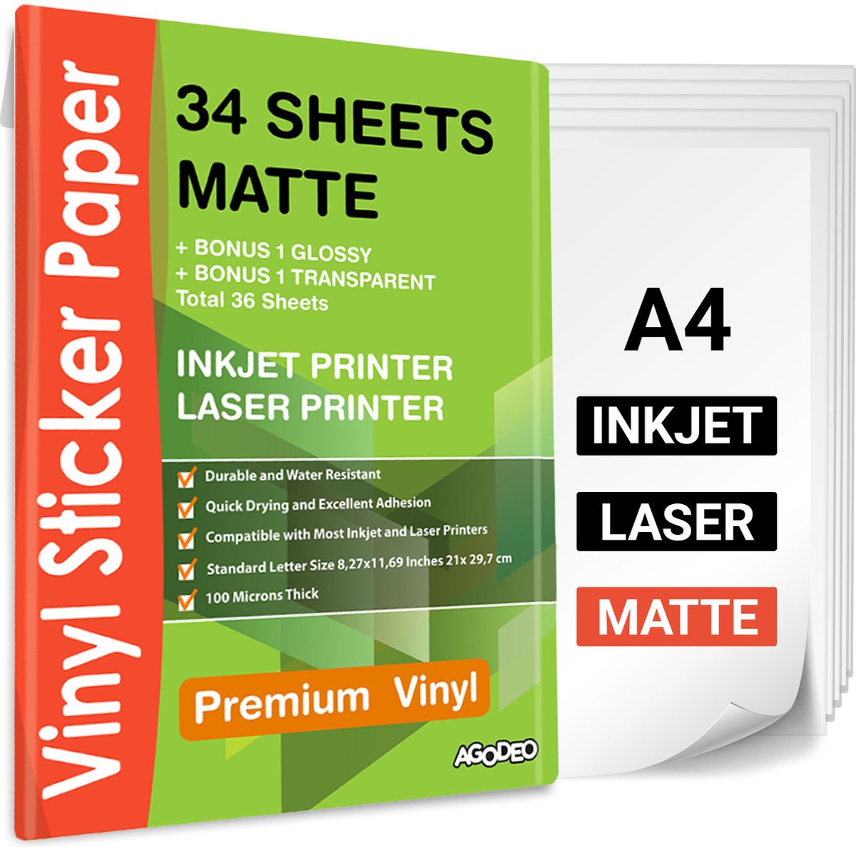 34 Matte Vinyl Stickervellen A4 Printer Paper - Stickerpapier Voor Printer - Incl. 2 Geschenkvellen - Inkjet & Laser Printer - Waterbestendig - Scheurbestendig - Sneldrogend - Sticker Printer Papier - Sticker Papier - Stickerpapier A4 - AgoDeo