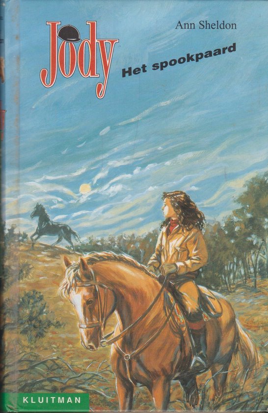 Een meisje met bruin haar rijdt op een bruin paard. Op de achtergrond draaft een zwart paard. De titel 'Jody Het Spookpaard' staat bovenaan.