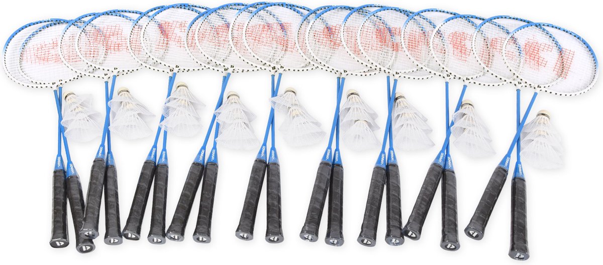 Blauwe Badminton Set voor 18 Personen - 9 Sets met 18 Badminton Rackets en 27 Shuttles - Inclusief Draagtas