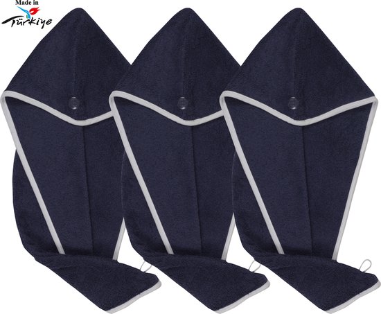 Betully® Haarhanddoek - 3 stuks - Sneldrogend - 21x60cm - 100% katoen badstof - Hoofdhanddoek -Hair Towel-Tulband - Blauw