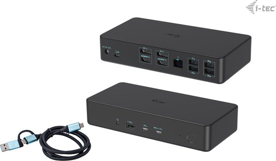 Zwarte docking station met diverse poorten aan de achterkant en zijkant, met een USB-C kabel.