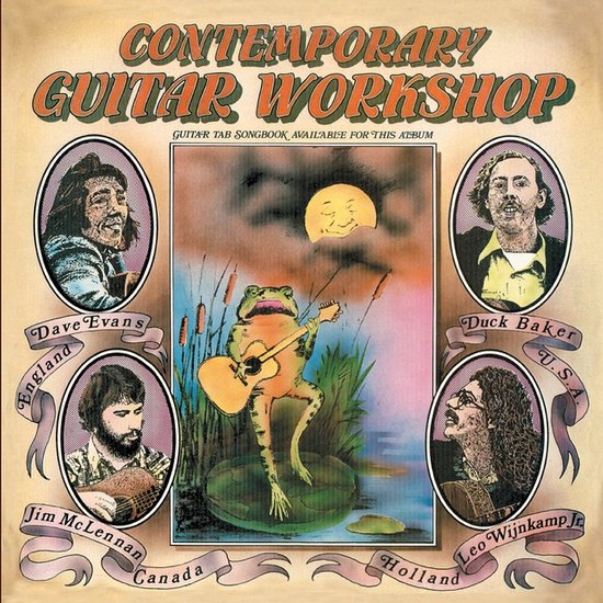 Albumhoes met vier portretten van gitaristen: Dave Evans, Duck Baker, Jim McLennan en Leo Wijnkamp Jr. Centraal een tekening van een kikker die gitaar speelt.