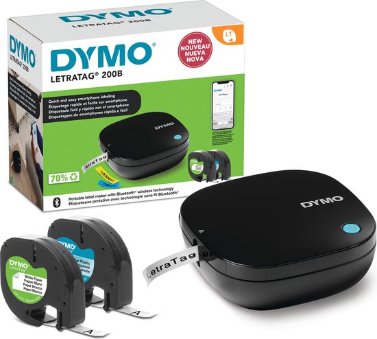 DYMO LetraTag 200B-labelmaker met bluetooth | Compacte labelprinter | Verbinding via draadloze bluetoothtechnologie met iOS en Android | Inclusief 2 soorten labeltape