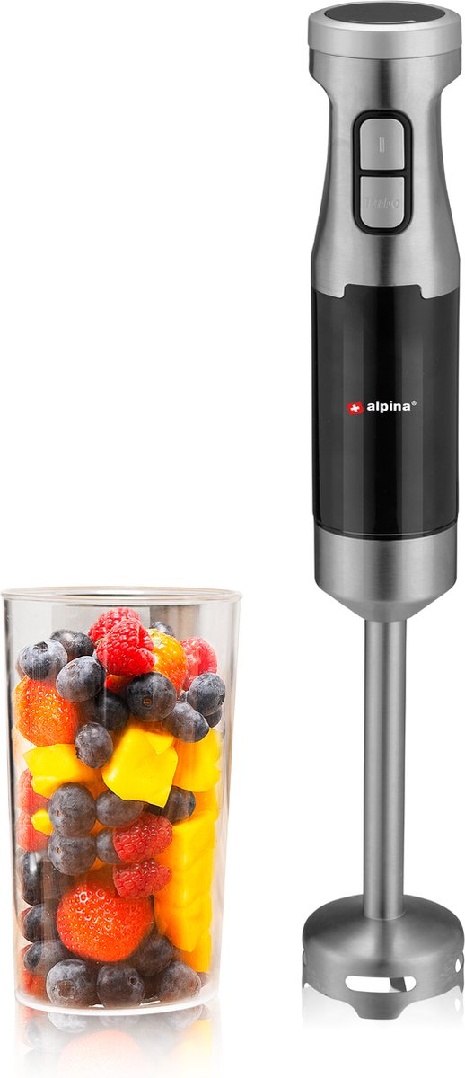 alpina Staafmixer HB6700F-N - Mixer met Maatbeker 700ML - 1000W - 2 Snelheden en Turbo Functie - BPA-Vrij - Roestvrij Staal - Zwart/Zilver