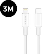 Câble iPhone 3 Mètres adapté pour Apple iPhone 6,7,8,9,11,12 et iPhone 13 - Câble chargeur iPhone - 3 MÈTRES - Câble Lightning USB C - Wit