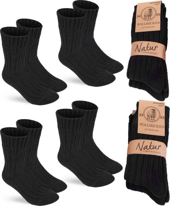 BRUBAKER 4 Paar Wollen Sokken - Warme Huissokken voor Heren en Dames - Dikke Zachte Sokken met Schapenwol - Wintersokken - Gebreide Sokken - Huissokken -Thermosokken - Zwart - Maat 47-50