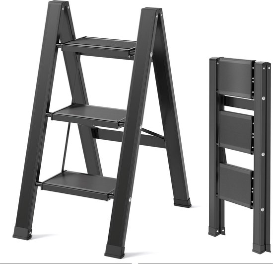 Foto: Trapladder 3 treden inklapbaar 3 treden aluminium vouwladder draagbare trapladder antislip huishoudladder tot 150 kg opvouwbare multifunctionele ladder voor keuken badkamer camping