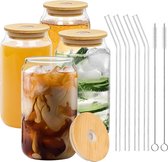500 ml Glass Cups with Lid and Straw [Pack of 4] - Reusable Drinking Glass with Bamboo Lid - 4 Glass Straws, 2 Brushes - Glasses Can Shape for Iced Coffee, Tea, Boba