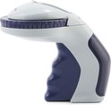Grijze en donkerblauwe DYMO Omega labelmaker, van de zijkant gezien.
