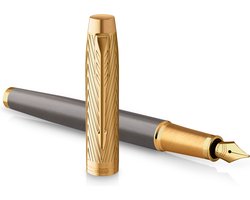 Parker IM Parker Pioneers Collection vulpen | grijze lak met gouden dop en details | fijn roestvrijstalen penpunt | blauwe inkt | met Geschenkdoos