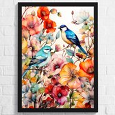 Twee Vogels Tussen Bloemen Vintage Poster - Aquarel Art Natuur Poster - Posters Geschikt om in te lijsten - 43,2 x 61 cm (A2+)