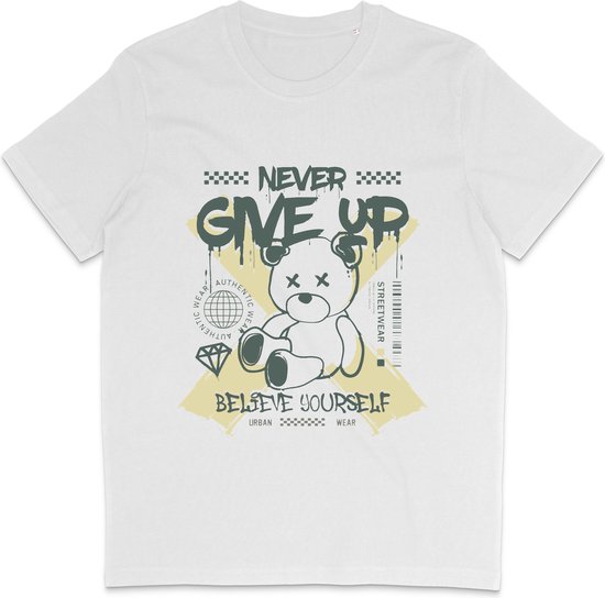 Heren Dames Unisex T Shirt - Quote Never Give Up - Wit - 3XL