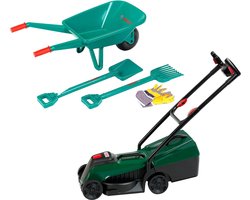 foto van Set van 2 Theo Klein artikelen - Bosch tuinset met 4-delige kruiwagen en Bosch Rotak grasmaaier met licht en geluid