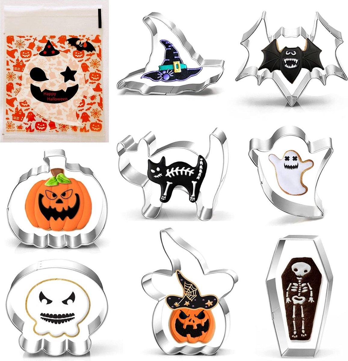 Halloween koekjesvormerset, 8-delig, pompoen, geest, schedel, vleermuis, kist, heksenhoed en kat koekjesvormer voor kinder Halloweenfeest, met 100 stuks spookkoekjes snoepzakje