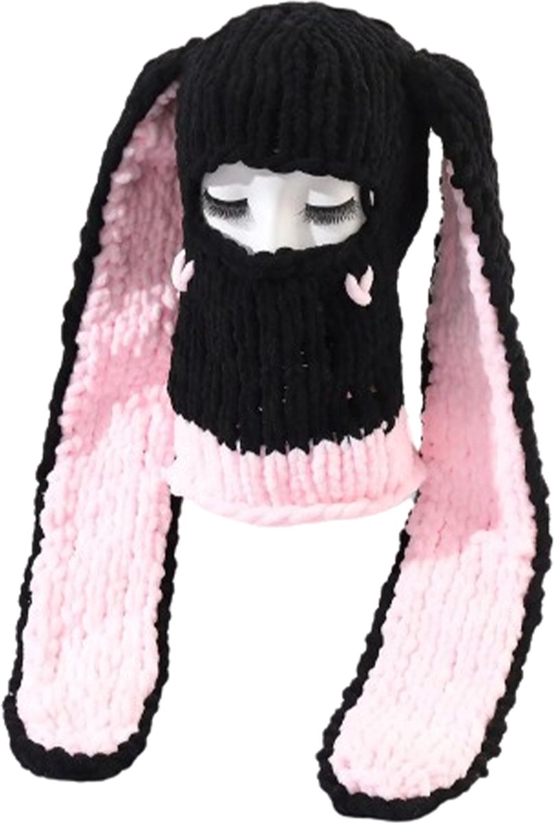 Goedkoopste Gebreide bivakmuts Black Rabbit - BDSM - Konijn Rollenspel - Masker - One size - Voor vrouwen - Lange oren - Zeer goede kwaliteit