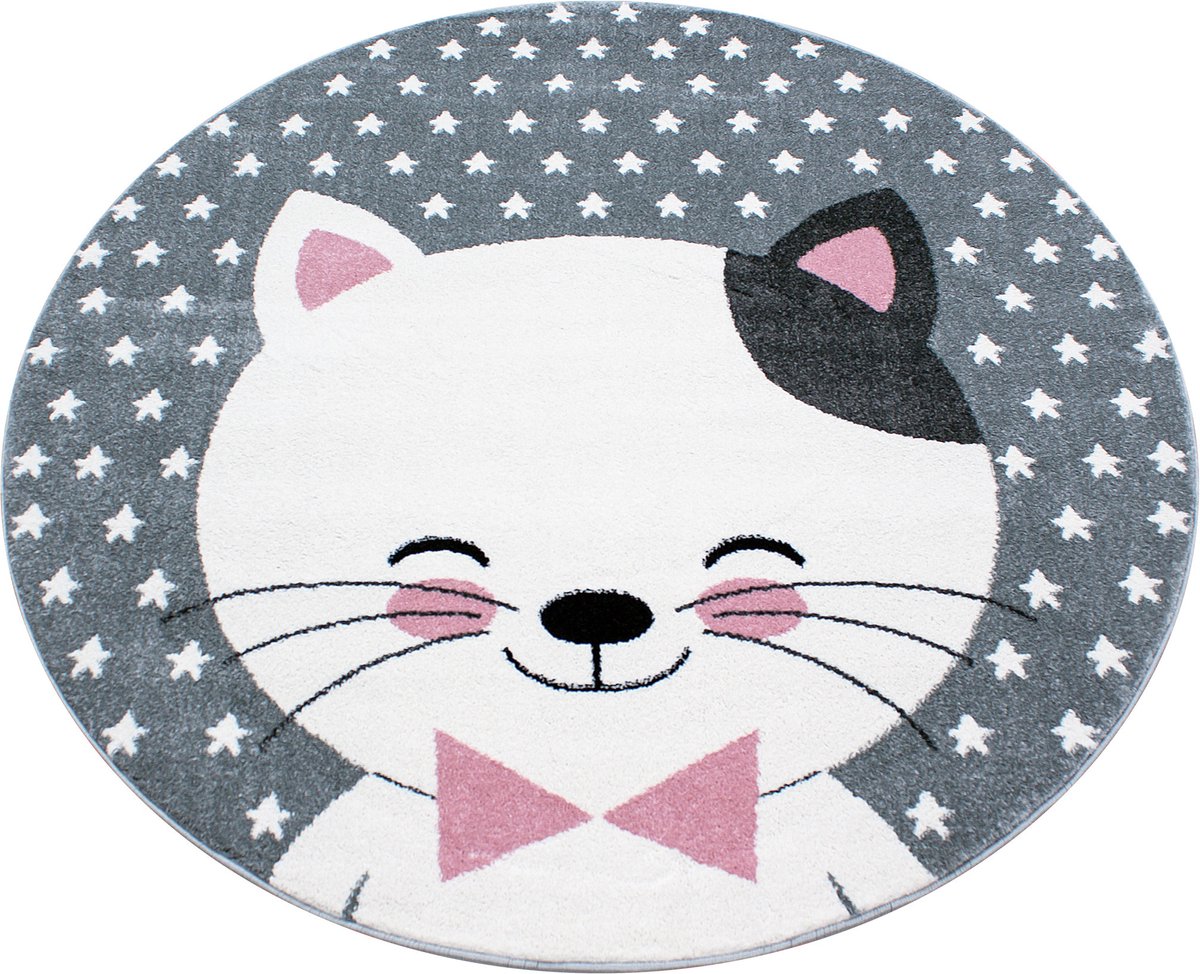 flycarpets Flycarpets - Kids Kinderkamer Kat Roze Vloerkleed Rond - 160x160 cm Grijs