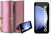 Hoesje geschikt voor Samsung Galaxy S23 FE - Screenprotector Glas - Spiegel Book Case Rosegoud