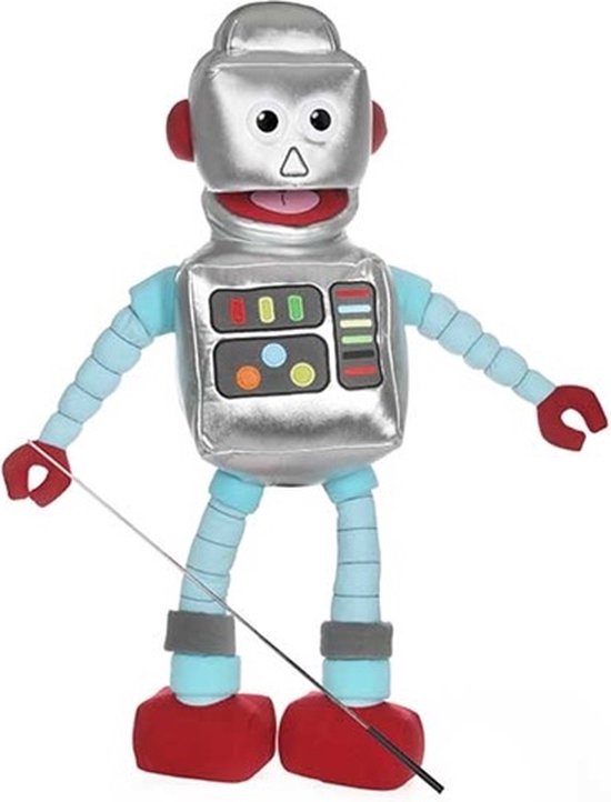 Zilverkleurige robot handpop met beweegbare mond, blauwe armen, rode handen en voeten. Armstok meegeleverd.