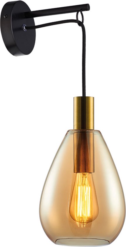 Moderne wandlamp Dorato | 1 lichts | goud / zwart | glas amber / metaal | Ø 18,5 cm | hoogte van 60 cm | woonkamer / hal / eetkamer / slaapkamer | modern / sfeervol design | hangend glas