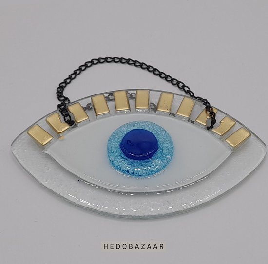 Handgemaakt Glazen Kruis voor Bescherming - Artistiek & Traditioneel, Blauw/Turquoise/Wit/Goud, 8x12cm