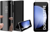 Hoesje geschikt voor Samsung Galaxy S23 FE - Screenprotector Glas - Spiegel Book Case Zwart