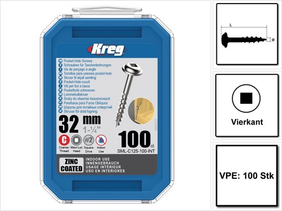 Kreg Blue-Kote Zakgatschroeven – 125 Stuks, 8x64 Mm, Grove Schroefdraad, Maxi-Loc Vierkante Kop, Voor Buiten Gebruik