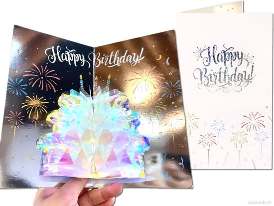 Popcards popupkaarten – Fonkelende verjaardagskaart Happy Birthday | Prachtige chique zilveren pop-up kaart jarig verjaardagskaart taart 3D wenskaart