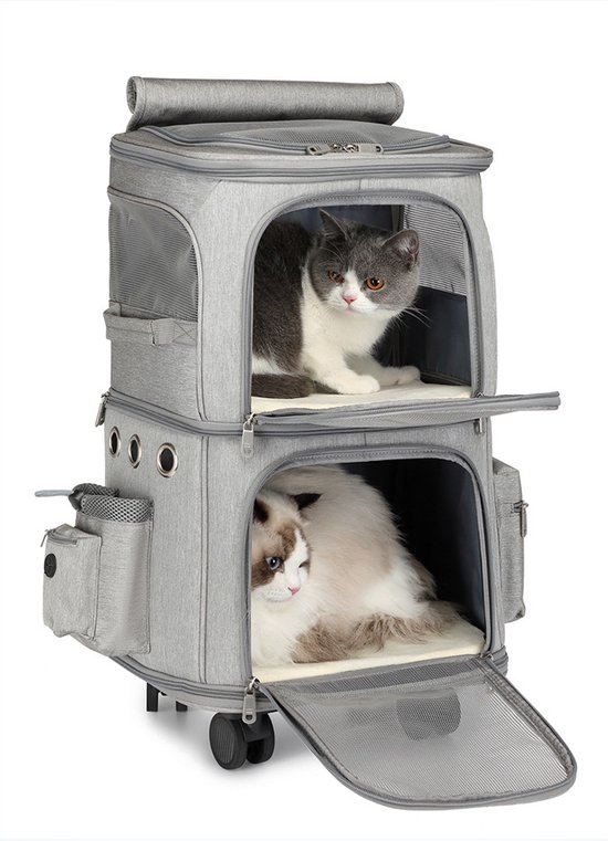 BEAUTYMONKEY Reismand voor Twee Katten met Wielen, Transportbox voor 2 Grote Katten