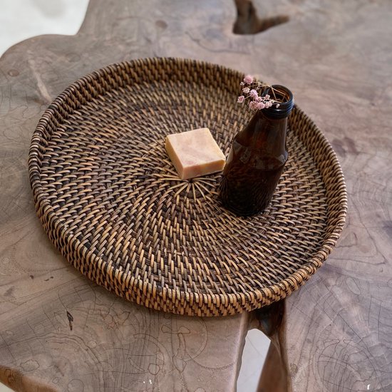 Rotan dienblad rond rotan dienblad met parelmoer inleg handgemaakte rotan opbergplateaus decoratieve display lade tafel desktop organizer lade voor koffie, drankje, ontbijt, thee, kaars, ornament (A