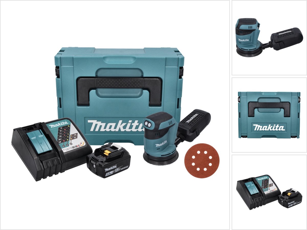 Makita DBO 180 RT1J 18 V 125 mm accu excentrische schuurmachine + 1x oplaadbare accu 5.0 Ah + lader + 50x K 320 schuurpapier + Makpac