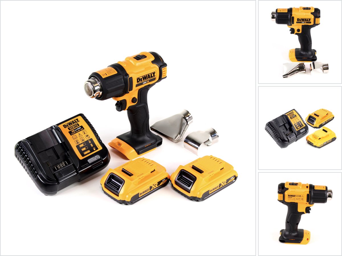 DeWalt DCE 530 D2 accu-heteluchtpistool 18V 530°C + 2x accu 2,0Ah + 1x oplader + vlak- en reflectormondstuk