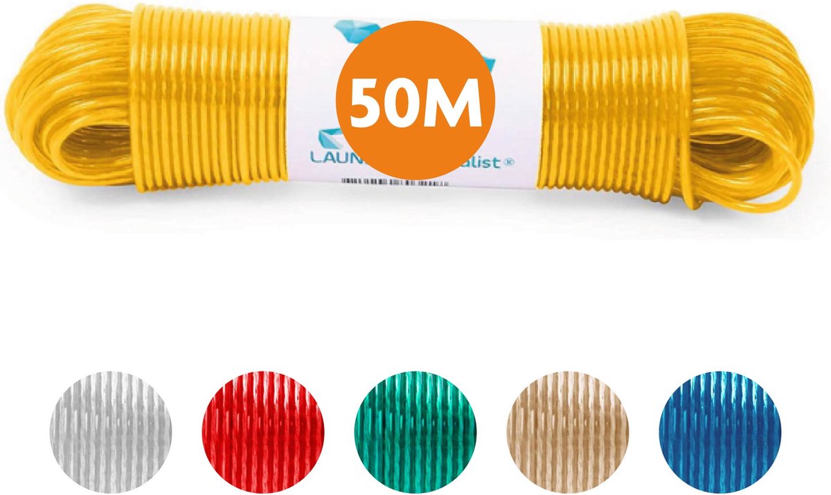 Goedkoopste LaundrySpecialist Waslijn - Waslijndraad - Wasdraad - Waslijndraad met stalen kern - 50 meter met stalen kern - Geel