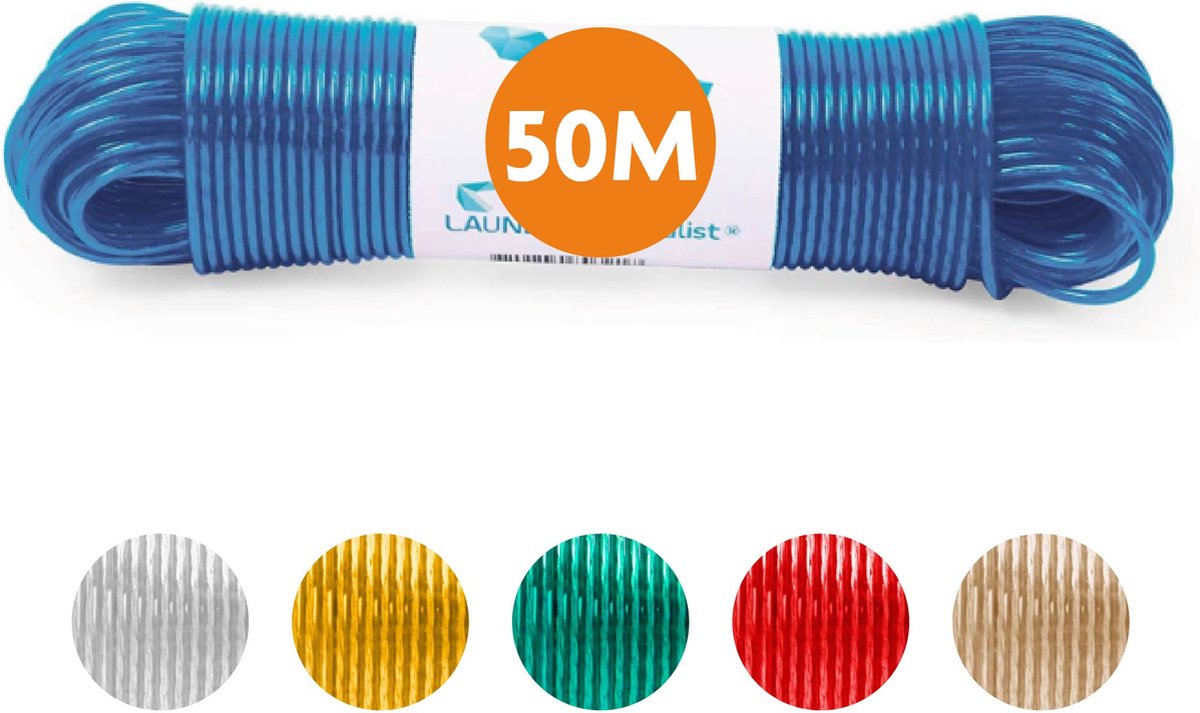 Goedkoopste LaundrySpecialist Waslijn - Waslijndraad - Wasdraad - Waslijndraad met stalen kern - 50 meter met stalen kern - Blauw